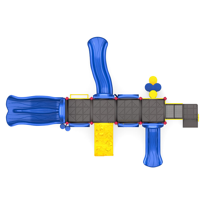 Overhead view of a large playground structure with blue slides, climbing panels, interactive gears, world map, and musical bongo elements