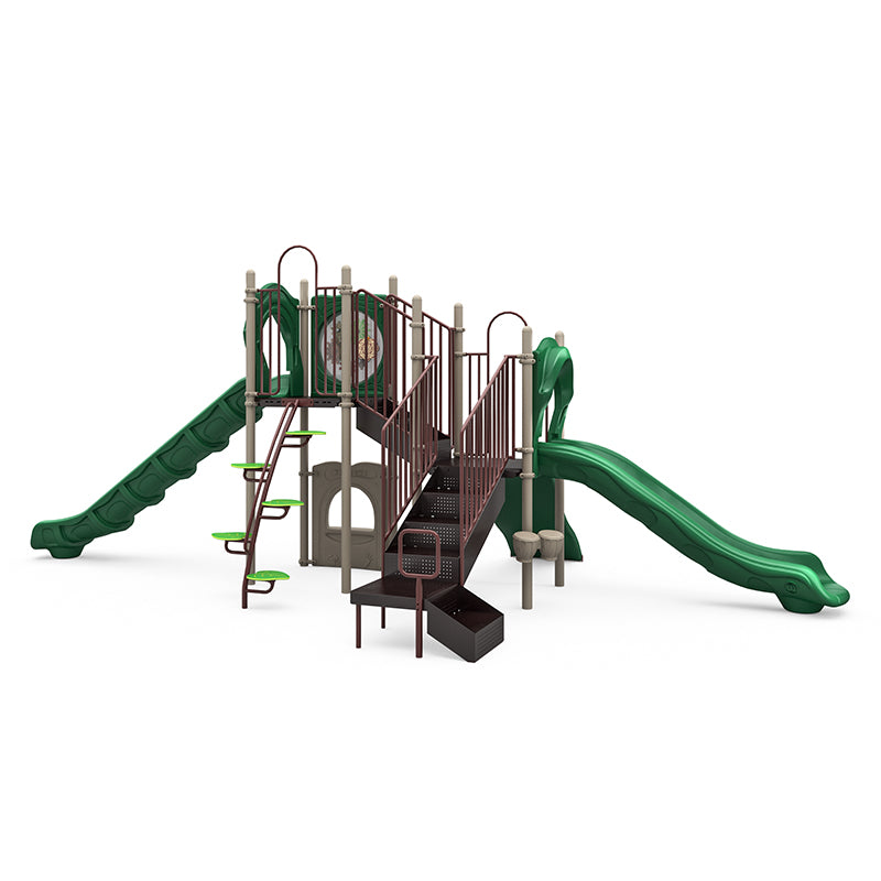 Bongo Play Playground with dual green slides, leaf step climber, rock climber, musical play panels, and neutral tones