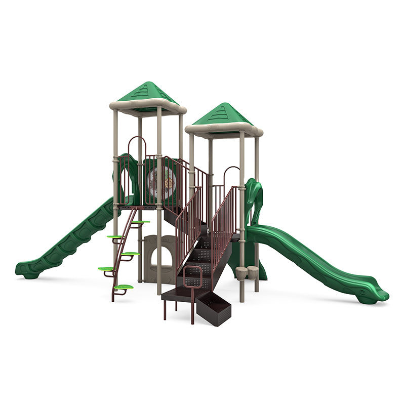 Outdoor playground structure with two green pyramid roofs, dual slides, climbing steps, connecting bridge, and musical play panels.