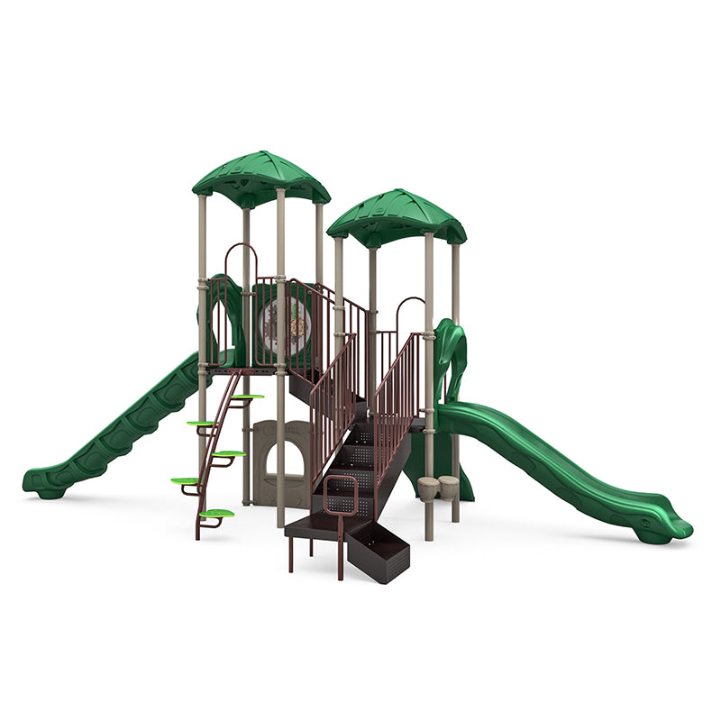 Outdoor playground structure with two green leaf-shaped roofs, dual slides, climbing steps, and musical play panels.