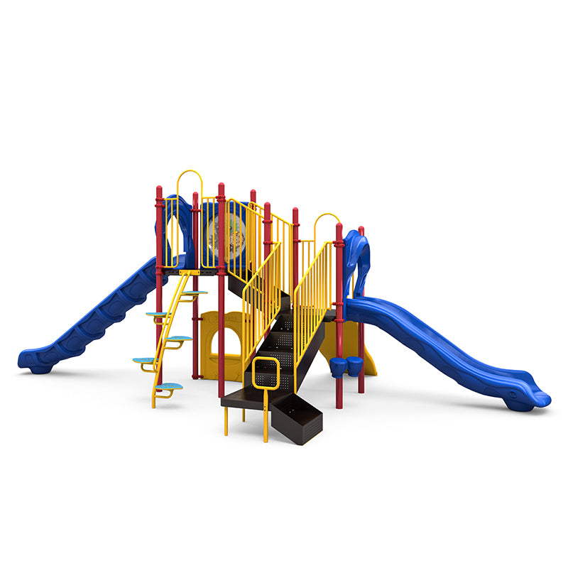 Colorful playground structure with two blue slides, yellow railings, climbing steps, and musical drum panels.