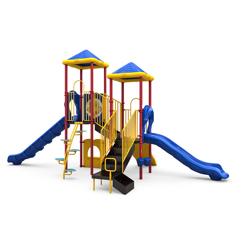 Colorful playground structure with two blue pyramid roofs, slides, climbing steps, musical drum and gear panels.