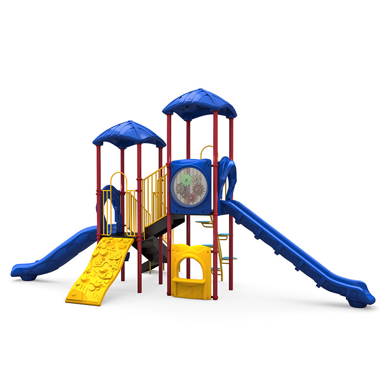 Colorful playground structure with two blue slides, yellow climbing wall, gear panel, and red support posts