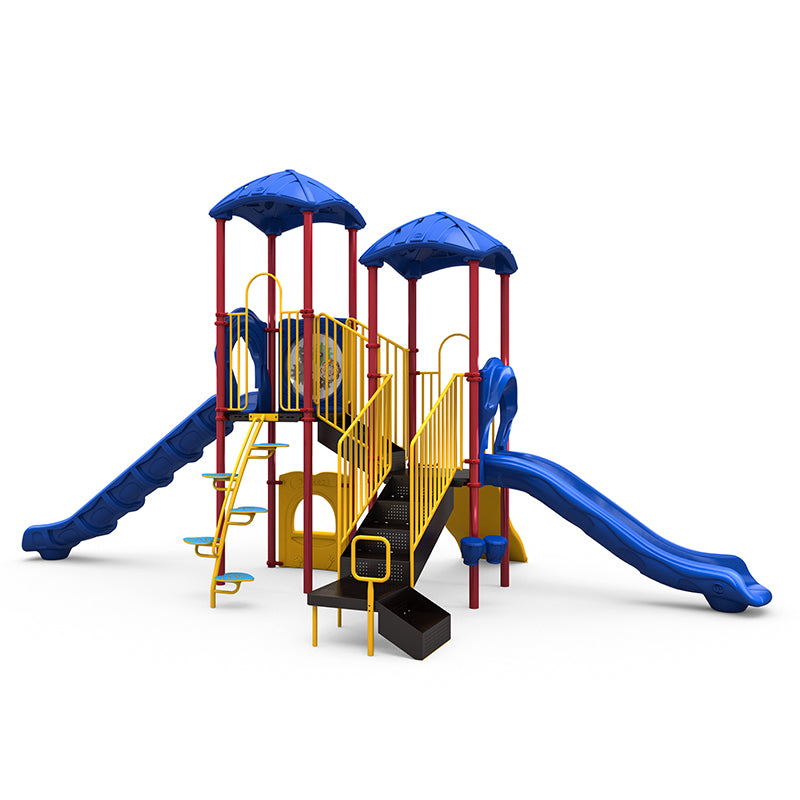 Colorful playground with blue slides, yellow railings, red posts, musical play panels, and climbing features.