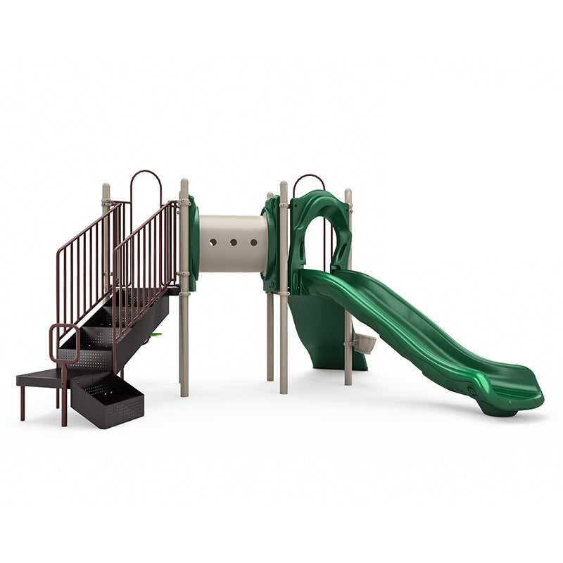 Neutral-toned commercial playground with green slide, crawl tunnel, brown stairs, and safety rails