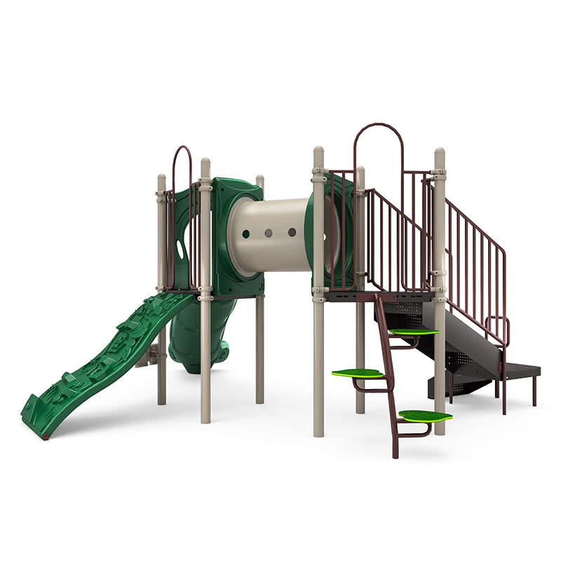 Commercial playground with green leaf-themed climber, beige crawl tunnel, and brown slide with stairs