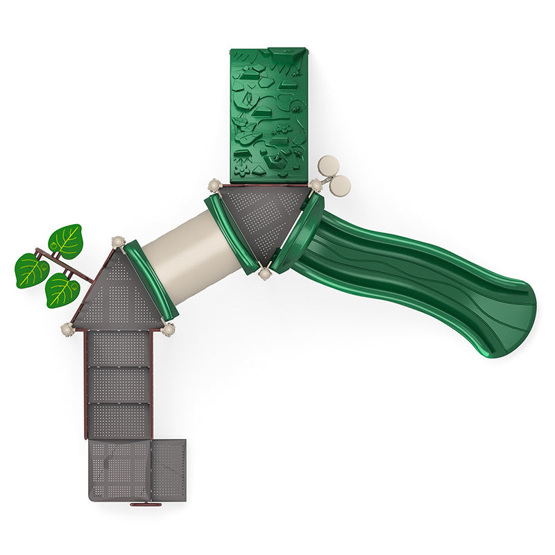 Overhead view of green and beige commercial playground with leaf-themed climber, crawl tunnel, and double slide