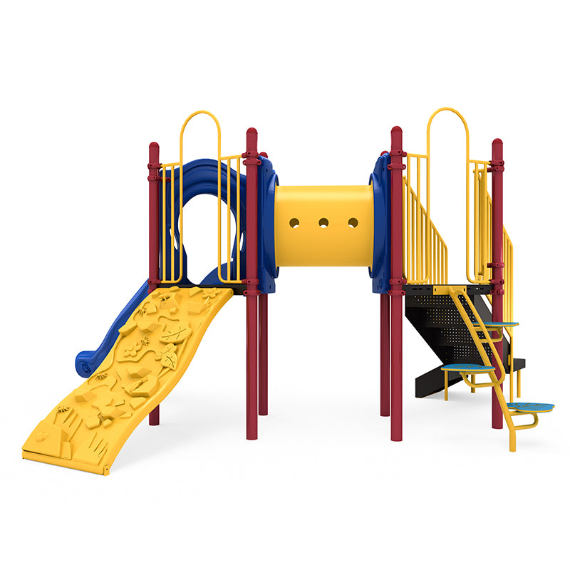 Commercial playground with yellow leaf-patterned climbing wall, blue slide, yellow crawl tunnel, and red support posts.
