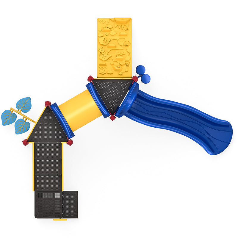 Overhead view of colorful playground with blue slide, yellow climbing wall, leaf-shaped climber, and musical bongos.