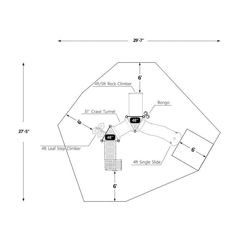 Overhead view of commercial playground with slide, rock climber, leaf step climber, crawl tunnel, and bongo drums