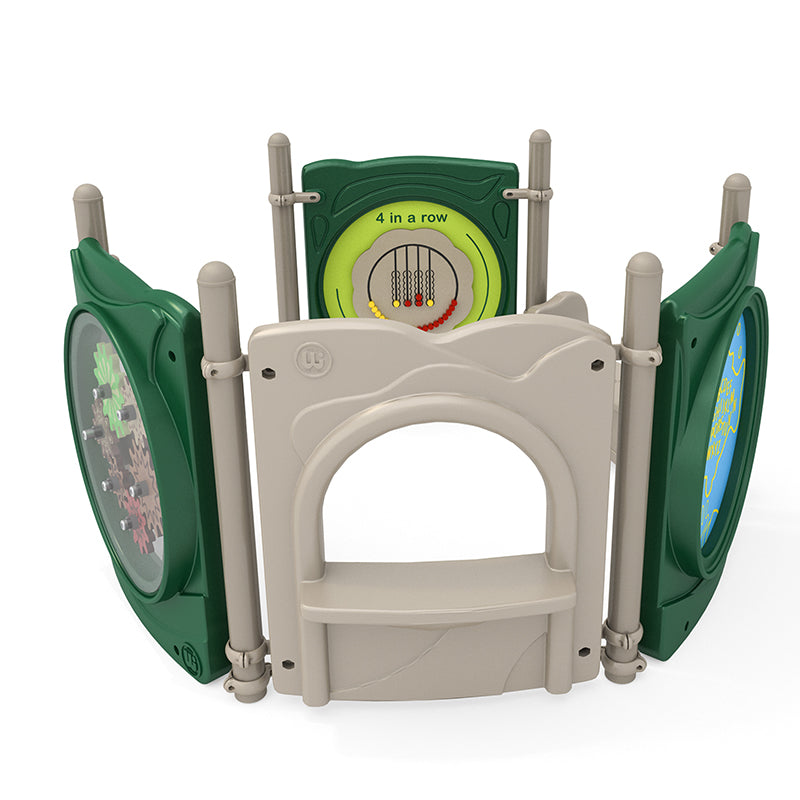 Interactive playground panel cluster with four-in-a-row game, gears, ABC educational panel, and saddle seat in green and beige colors.