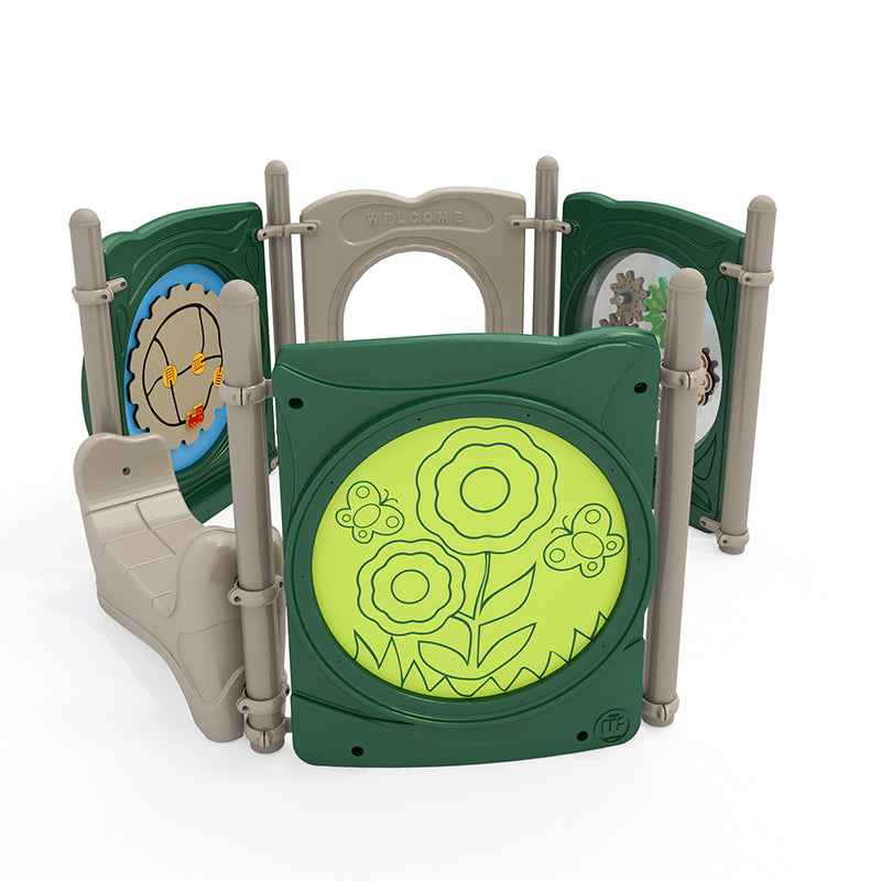 Pike's Peak Playground toddler activity panels with floral, gear, counter panels, saddle seat, and entry arch in neutral green and beige colors