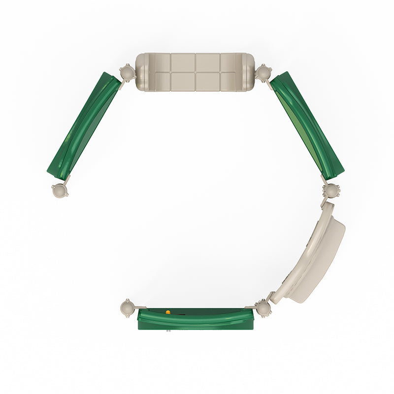 Overhead view of a modular playground with green slides, beige climbing panels, and interactive play elements including gears and educational panels.