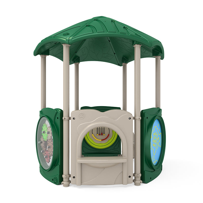 Small hexagonal playground structure with green roof, interactive gears, beads, ABC panel, and four-in-a-row game panels.