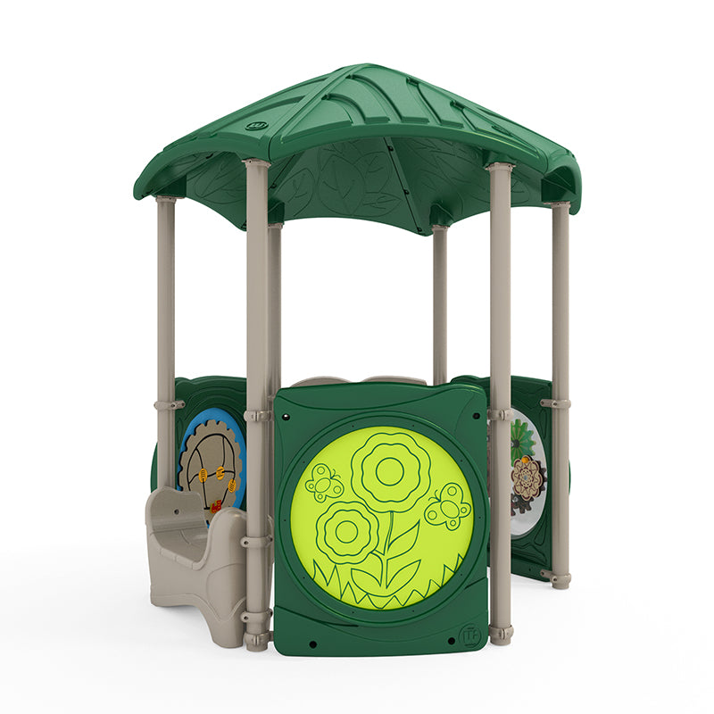 Compact playground structure with neutral leaf-patterned roof, interactive gear and flower panels, butterfly details, and built-in seat