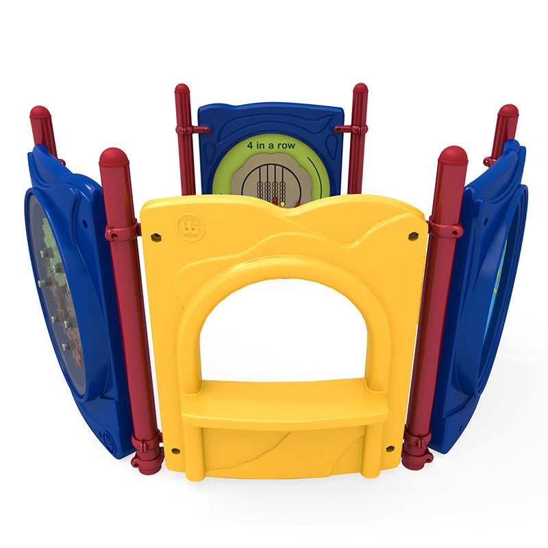 Colorful interactive playground panel cluster with educational ABC panel, gears, four-in-a-row game, and yellow saddle seat
