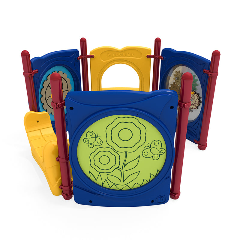 Colorful playground panels with flower, gear, butterfly designs, interactive counters, and a yellow saddle seat with red supports