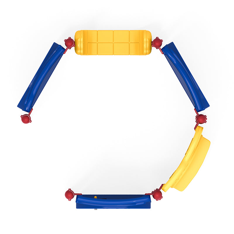 Overhead view of colorful blue and yellow modular playground panels arranged in a hexagonal shape with interactive and educational features.