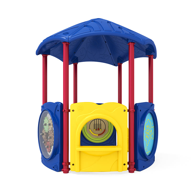 Colorful children's playground structure with blue roof, red poles, interactive yellow and blue panels featuring gears and educational games.