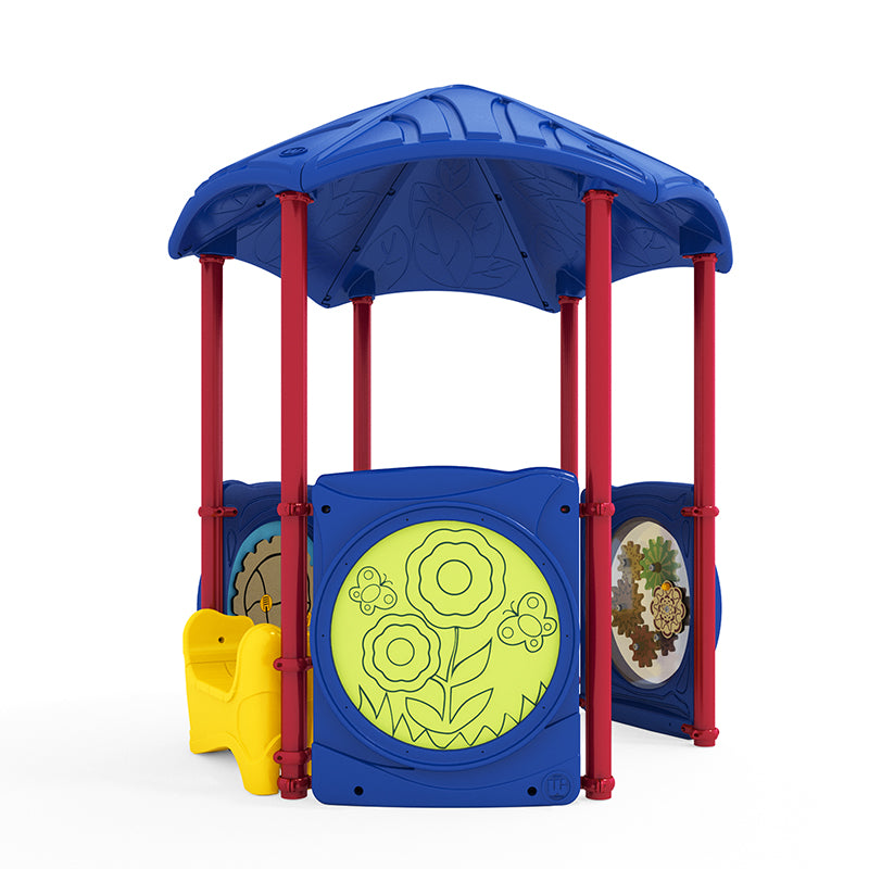 Small playground structure with blue leaf-patterned roof, red posts, yellow saddle seat, and interactive flower and gear panels.