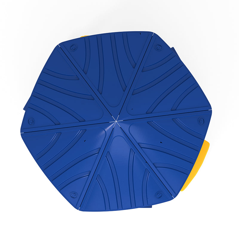 Overhead view of a blue hexagonal playground panel with textured curved lines and a small yellow interactive element on the side