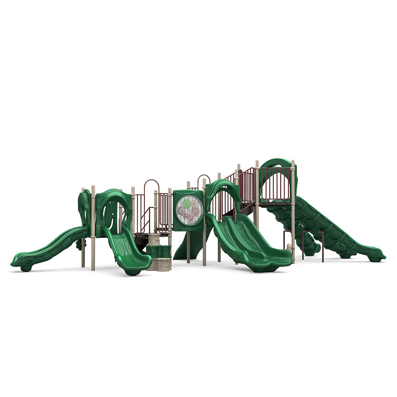 Falcon Ridge Playground with multiple green slides, climbing structures, interactive panels, and a rain wheel in neutral tones