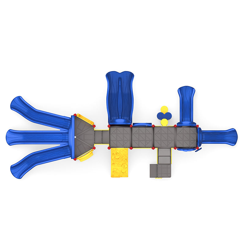 Aerial view of commercial playground structure with blue triple and single slides, yellow rock climber, decks and panels