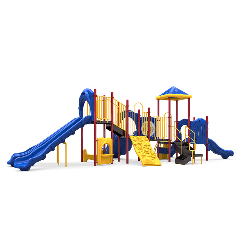 Commercial playground with triple wave slide, curved slide, rock climber, gears panel, yellow rails, blue roof