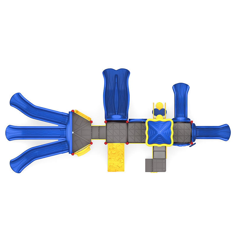 Aerial view of commercial playground with blue triple, double and single slides, yellow climbers, gears and counter panels