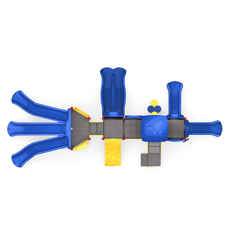 Aerial view of outdoor commercial playground: blue multi-slide cluster, single slides, linked decks, yellow climbing panel.