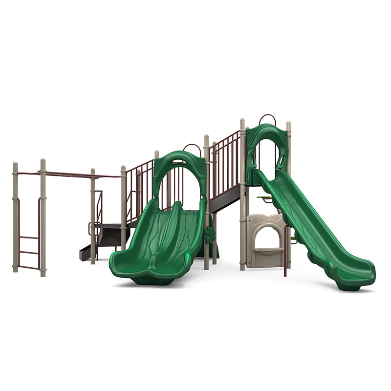 All Points Playground with green double and sectional slides, climbing ladders, beige play panels, and interactive features in a neutral outdoor setting