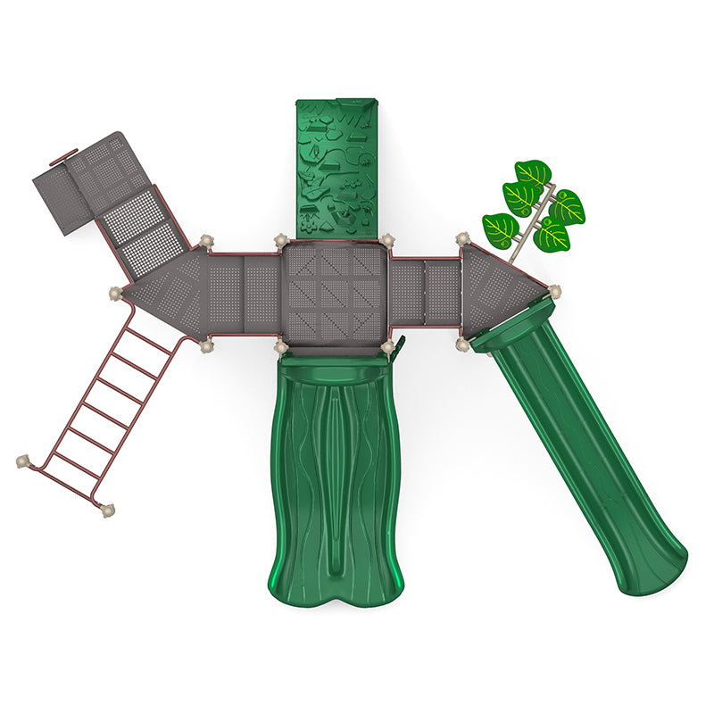 Overhead view of commercial playground with double and sectional slides, leaf climber, rock panel, ladders, and decks