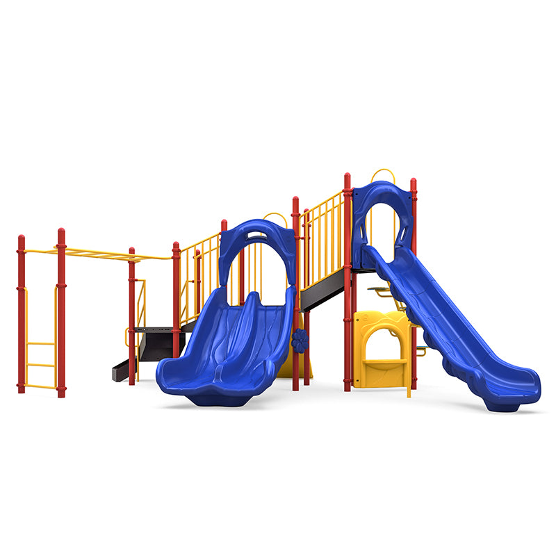Outdoor commercial playground with blue double and single slides, red posts, yellow rails, climbing structures, and a rain wheel.