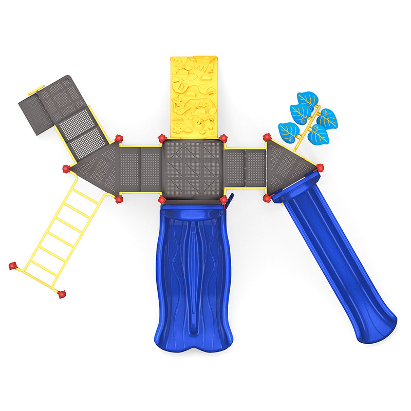 Overhead view of playground structure with double blue slide, tube slide, yellow ladder, leaf-shaped climber, and rock climbing panel