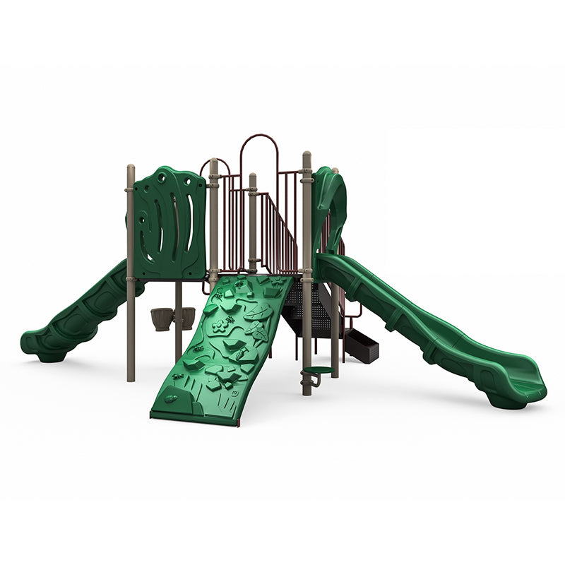 Northern Place Playground with dual straight slides, rock climber, arch climber, bongo drums, and stool in green and brown
