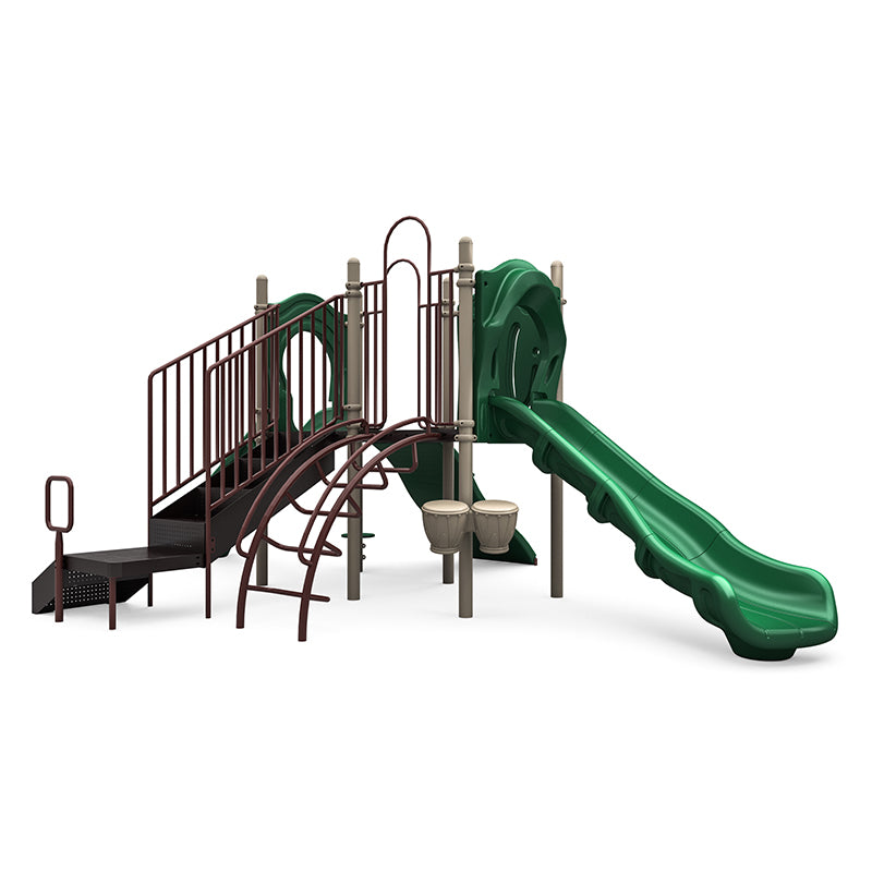 Outdoor playground structure with green slides, brown climbing arches, bongo drums, and stairs for children’s play