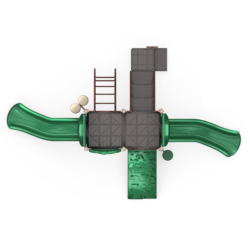 Overhead view of green and brown playground structure with two straight slides, rock and arch climbers, and interactive panels