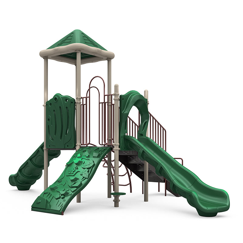 Green and beige playground structure with pyramid roof, two straight slides, rock climber, arch climber, and climbing ladder