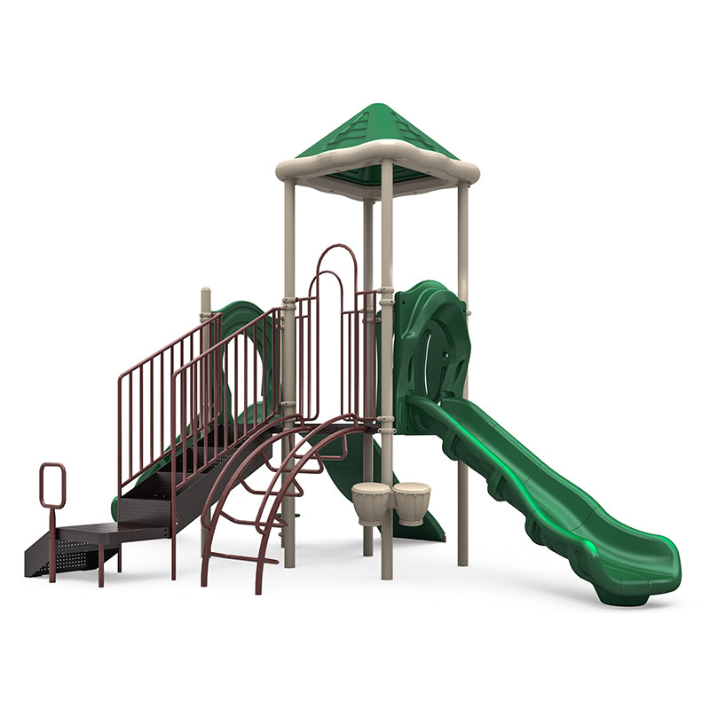 Playground structure with green roof, two slides, climbing arch, stairs, and bongo drums for children’s play