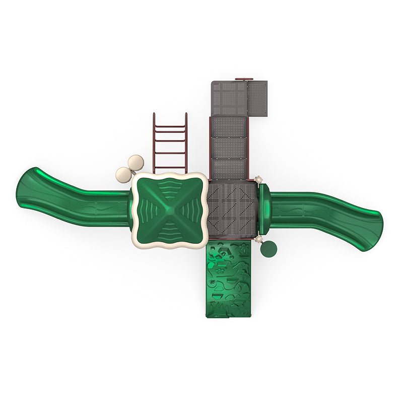 Overhead view of green and brown playground with two slides, rock and arch climbers, ladder, and drum panels