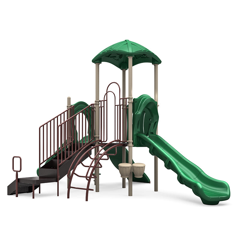Playground structure with green roof, two green slides, brown climbing arches, stairs, and attached bongo drums.