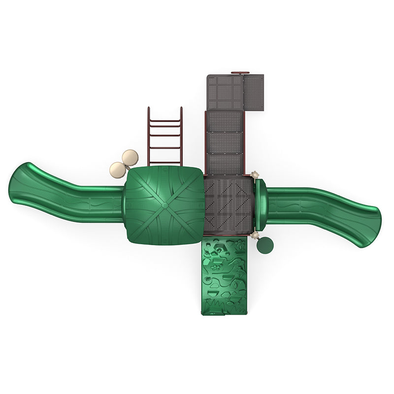 Overhead view of green playground structure with two slides, rock and arch climbers, ladder, and bongo drums