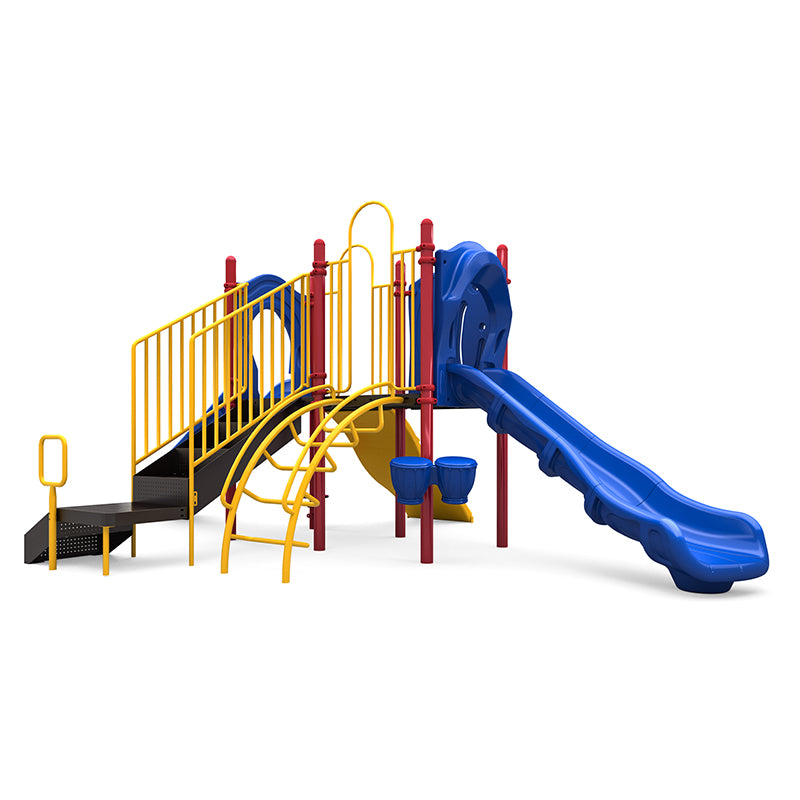 Colorful playground structure with two straight slides, climbing arches, bongo drums, and safety railings