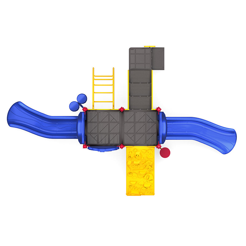 Overhead view of colorful playground with two blue slides, yellow climbing ladder, and interactive play panels