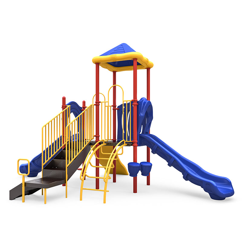 Colorful playground structure with two blue slides, yellow railings, climbing arch, and bongo drums under a blue and yellow roof