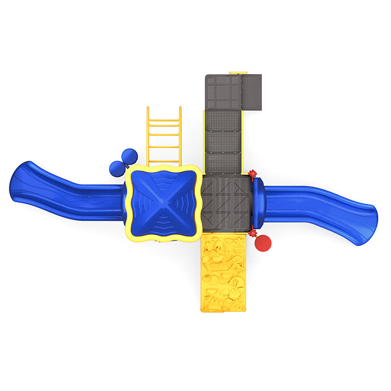 Overhead view of colorful playground with two blue slides, yellow climbing wall, ladder, and interactive play panels