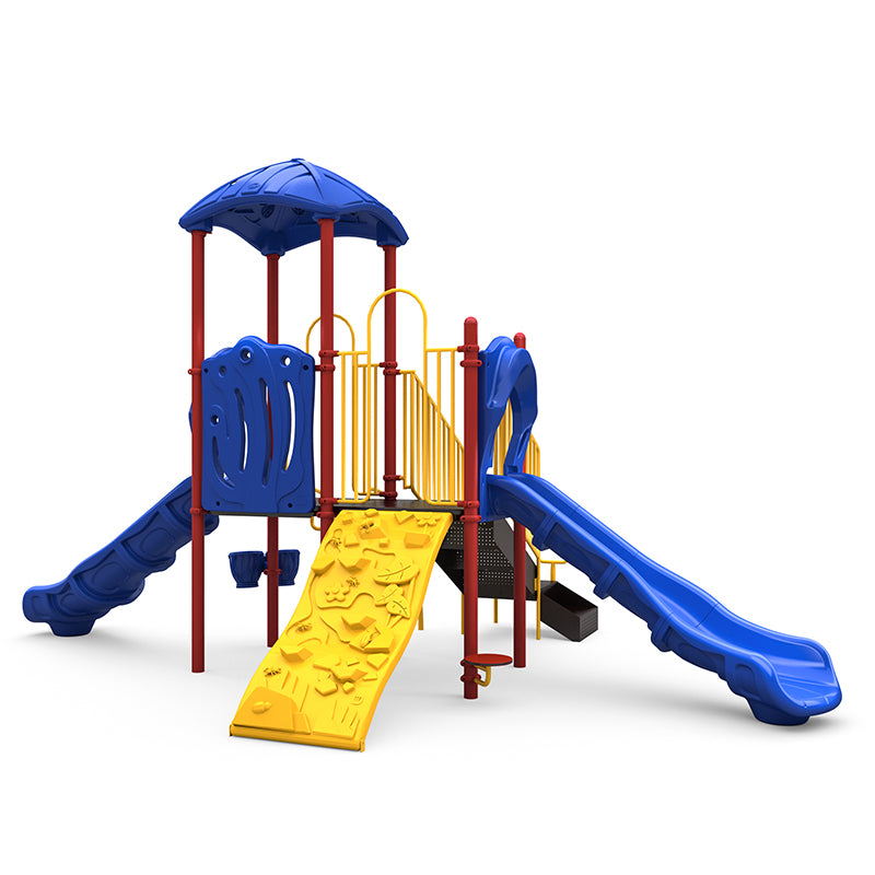 Colorful playground structure with blue slides, yellow climbing wall, blue leaf-shaped roof, and interactive play elements.