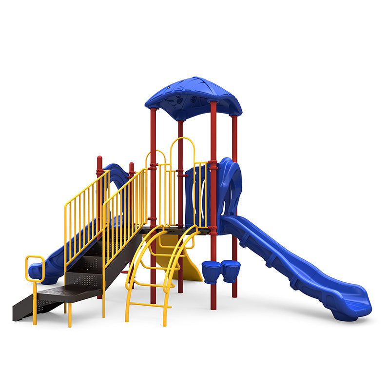 Blue and yellow playground structure with two straight slides, climbing arches, bongo drums, and a shaded roof