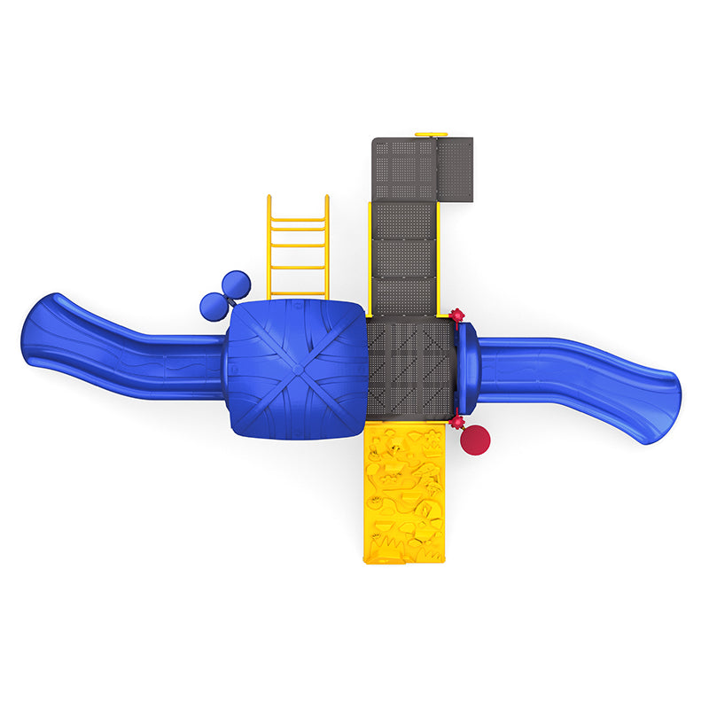 Overhead view of colorful playground with two blue slides, yellow climbing ladder, and interactive panels including bongo drums and stool