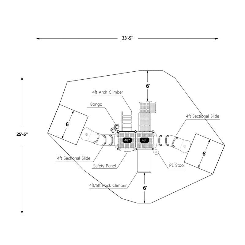 Overhead view of playground with two straight slides, arch climber, rock climber, bongo drums, safety panel, and stool